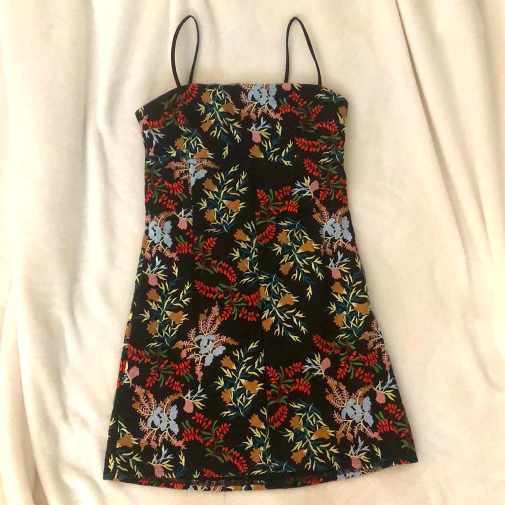Black Mini Dress with Embroidered Flowers